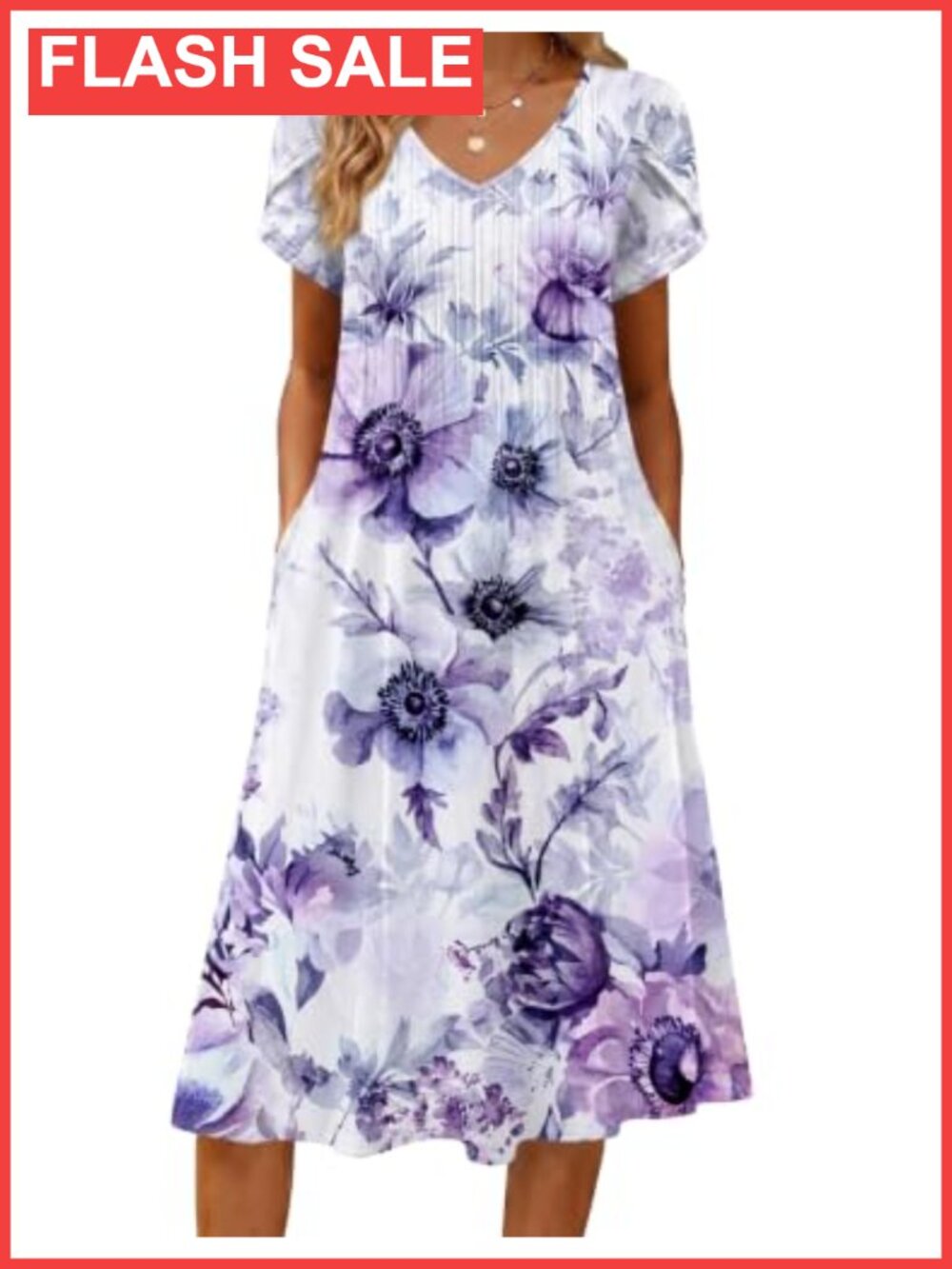Women's Casual Summer Dress Short Sleeve Pleats Midi A Line Flowy With Pockets